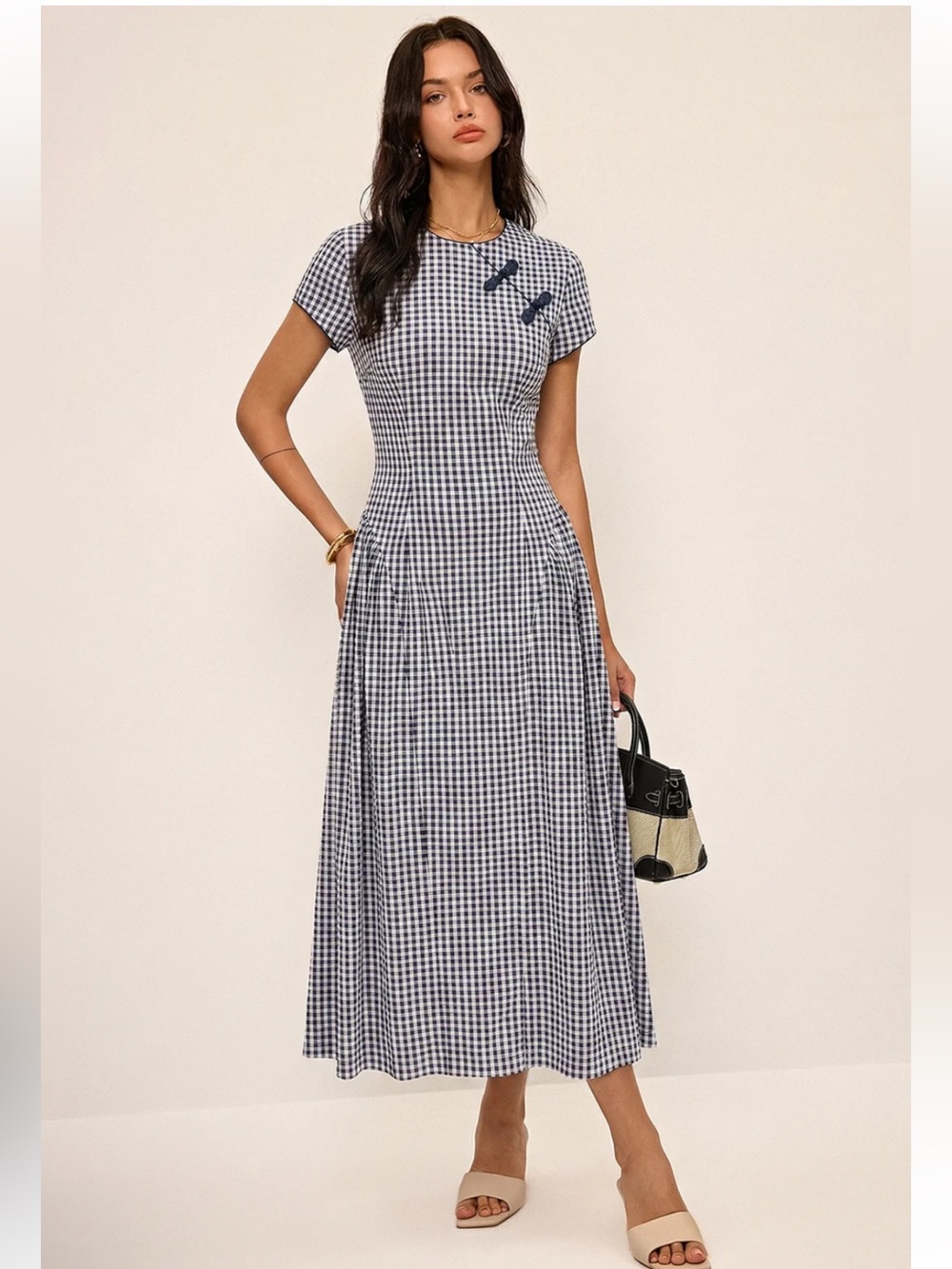 Commense Classic Navy Gingham Midi Dress Large NWT